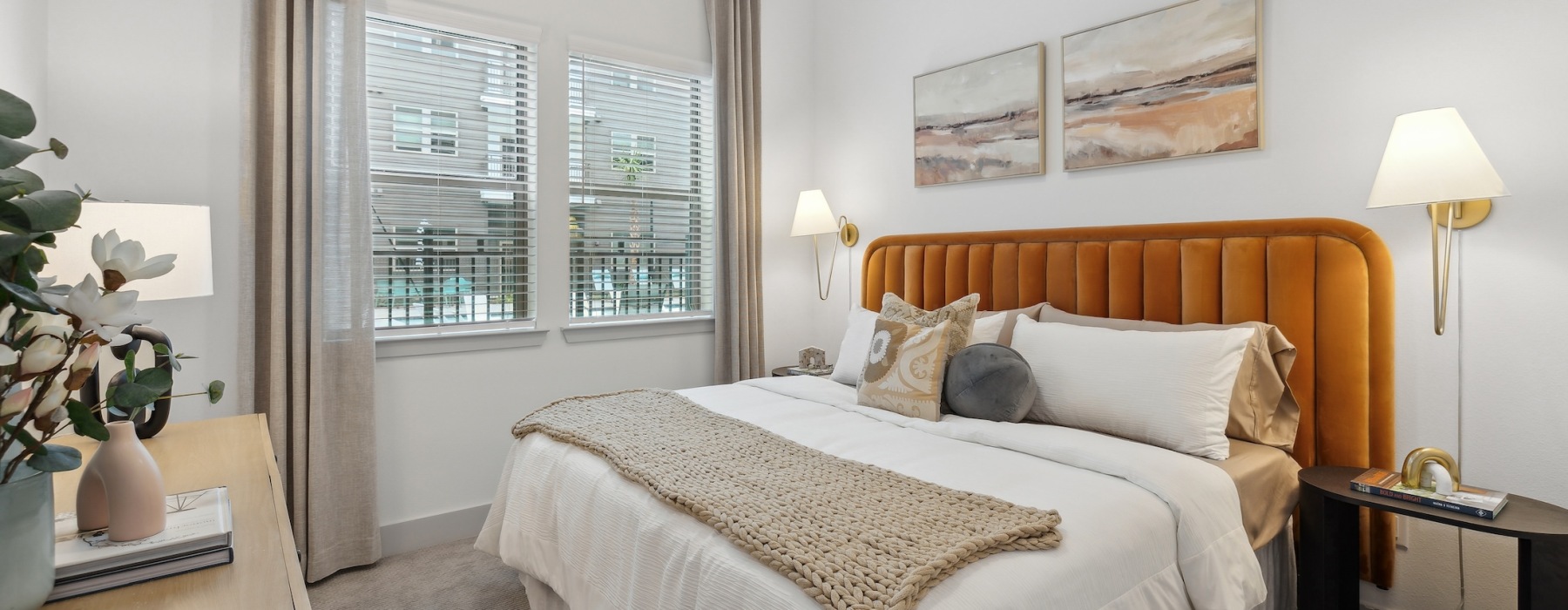 bedroom with natural lighting and warm lighting